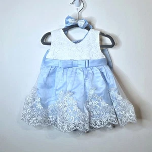 Baby Girl Princess Dress Blue And White with Detachable Bow 0-3 Months - Picture 1 of 9