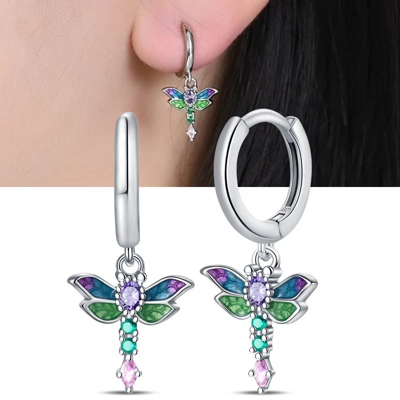 PANDACH 925 Sterling Silver Tiny Dragonfly Drop Earrings For Women Mini Hoops - Image 1 of 4