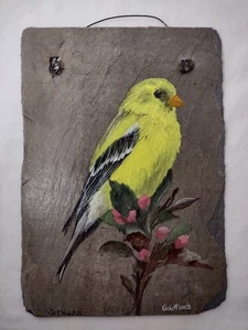 Antik Dach Schiefer Original Gemälde Goldfink auf Ast Handwerk Wandkunst 7x10" - Bild 1 von 2