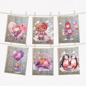 Valentine Aquarell Thema Wörterbuch Seite Kunstdrucke Set (6) Herz Wandkunst - Bild 1 von 4