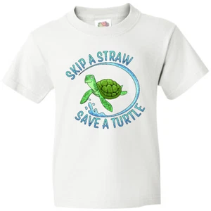Inktastic Skip A Straw Save A Turtle With Cute Green Sea Turtle Youth T-Shirt As - Picture 1 of 12