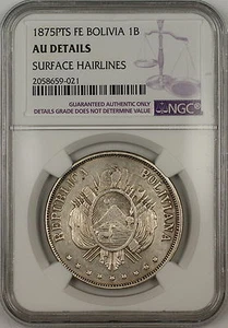 1875-PTS FE Bolivia 1B Boliviano Silver Coin NGC AU Details Surface Hairlines - Picture 1 of 2