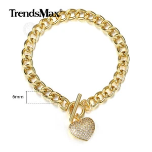 Gold Plated CZ Paved Love Heart Charm Bracelet Curb Cuban Chain Toggle Clasp 7" - Picture 1 of 6