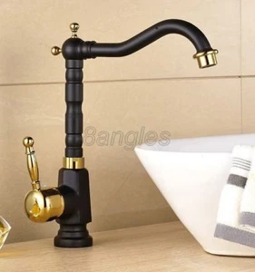 Golden & Black Brass Swivel Spout Kitchen Sink Faucet Mixer Basin Tap 8ba807 - Picture 1 of 5