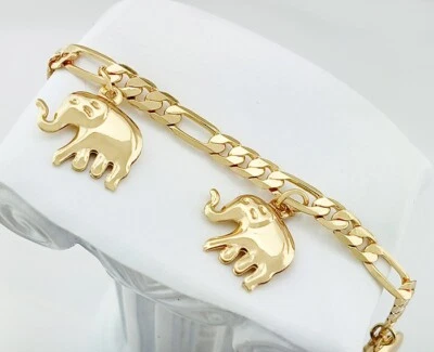 PULSERA TOBILLERA 3D ELEFANTE CHARM CHAPADA EN ORO AMARILLO 14K - NUEVA CON ETIQUETAS - Ajustable Foto 1 de 3