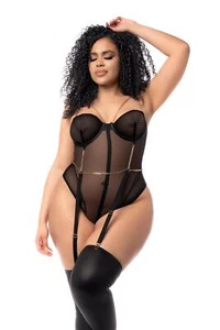 Mapale Lingerie Queen Mesh Bodysuit w/Gold Chain Detail Black - Picture 1 of 4