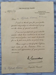 Thanks Letter For Policeman Volunteer - Jewish 1940 Palestine Police British  - Picture 1 of 5