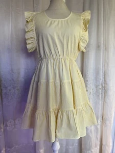 Yellow and White Striped 3-Tier Sleeveless Ruffle Elastic Size Med 12 THOMPSON - Picture 1 of 12