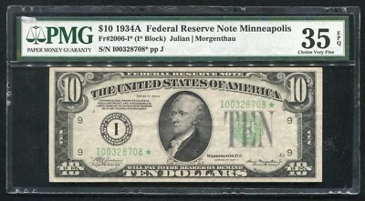 FR2006-I* 1934-A $10 *STAR* FRN FEDERAL RESERVE NOTE MINNEAPOLIS,MN PMG VF-35EPQ - Image 1 of 2