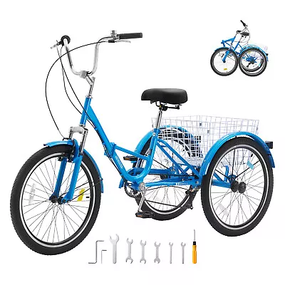 Folding Adult Tricycle 24" 7-Speed Adult 3 Wheel Trikes Carbon Steel Blue - Image 1 of 4