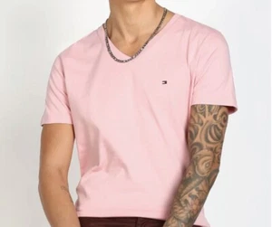 ✅ $40 Tommy Hilfiger V-Neck T-Shirt Men 2XL Pink Rare 2XL Designer Fashion Tee💯 - Picture 1 of 6