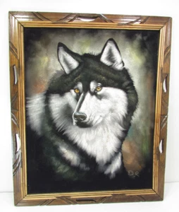 Pintura vintage de terciopelo negro Wolf 23x19 firmada por D.R - Imagen 1 de 9