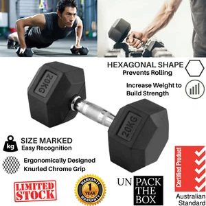 Rubber Hex Dumbbell 20kg Weight Exercise Home Gym Fitness Lifting Commercial - Picture 1 of 8