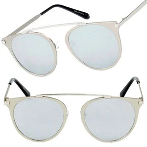 Contemporary Minimalist High Brow-Bar Design Round Sunglasses Mirrored Lens - Picture 1 of 3