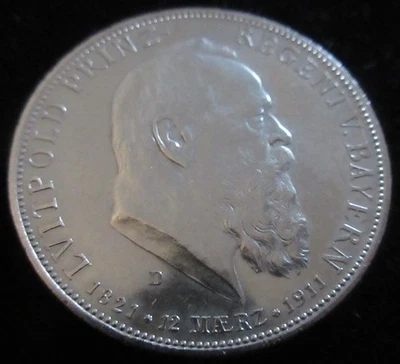 MDS DEUTSCHES REICH KAISERREICH BAYERN FÜNF 5 MARK 1911 D "LUITPOLD", SILBER #AA - Bild 1 von 2
