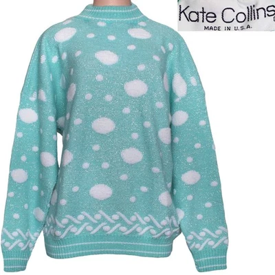 Suéter Lurex Vintage Años 80 Verde Menta Blanco Nubes Hada Kei Kawaii Pastel XL Foto 1 de 4