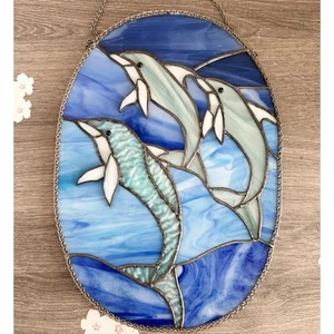 Vintage Handmade Stained Glass Jumping DOLPHINS Hanging Sun Catcher Stunning 14” - Picture 1 of 9