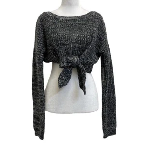 Forever 21 Charcoal Gray Metallic Knit Crop Tie Front Sweater sz M Y2K Style - Picture 1 of 14