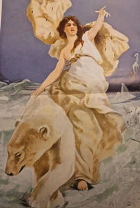 antik Jugendstil Druck A SCHWARTZ Göttin auf Eisbär polar bear Plakat 46x56cm - Picture 1 of 9