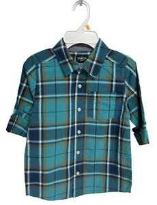 OshKosh Boy's 3/4 Sleeve Light Blue Plaid Collared Button Up Dress Shirt Size 7 - Picture 1 of 8
