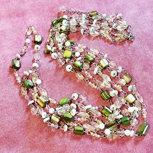Vintage Boho Necklace Green Abalone Shell Chips Multi Strand Chain Layered N2