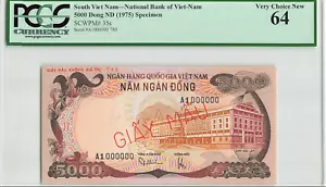 South Vietnam 5000 Dong, SPECIMEN ~ GIẤY MÀU, P-35s, PCGS 64 Choice UNC - Picture 1 of 2