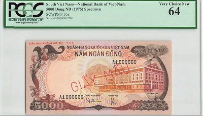 South Vietnam 5000 Dong, SPECIMEN ~ GIẤY MÀU,  P-35s,  PCGS 64 Choice UNC - Image 1 of 2