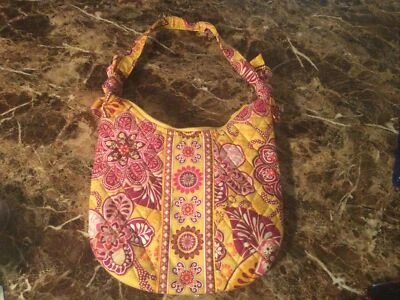 Vera Bradley Bag Handbag Bali Gold Yellow & Pink Floral Bow Ties Zipper - Image 1 of 4