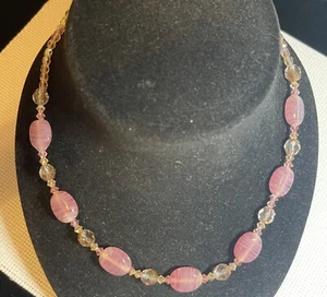 Natural Rose Quartz Necklace With Tourmaline Gemstones- With Silver Plated Clasp - Picture 1 of 7