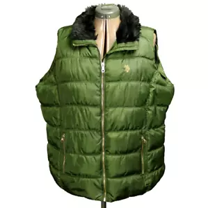 U.S. Polo Association Fur-Trimmed Puffer Vest Zip Front and Zip Pockets Green 1X - Picture 1 of 22