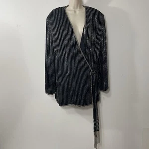 Abrigo Chaqueta Papell Boutique Noche Envolvente Talla 2X Seda Negro Cuentas Plateado Vestido - Imagen 1 de 8