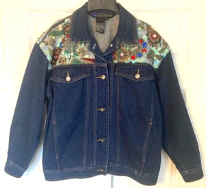 Vintage 1991 I.B. Diffusion Sequin Beaded Denim Jacket with Pockets Size 10 - Picture 1 of 12