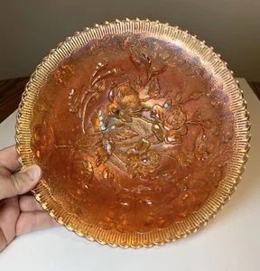 Vintage Imperial Carnival Glass Raised Open Rose Pattern Marigold 10”Footed Bowl - Picture 1 of 8