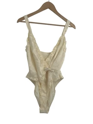 Vintage Victoria Secret Gold Label Ivory Satin Teddy Cross Front Bow Detail S - Image 1 of 4