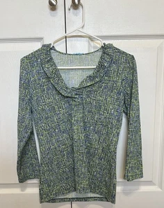 J Mclaughlin Durham Top XS Catalina Ruffle 3/4 Sleeve Splatter Grid - Picture 1 of 7