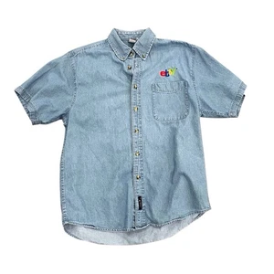 Vintage eBay Button-Up Short Sleeve Denim Shirt Embroidered Sz M UTF8 Migration - Picture 1 of 6