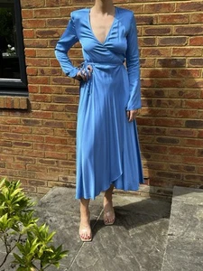 ROTATE Birger Christensen Blue Satin, Long Sleeves, Tie Fastening Flared Dress - Picture 1 of 7