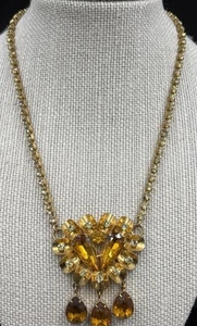 Vintage Amber & Topaz Rhinestone Bib Necklace Mid-Century Statement Jewelry - Picture 1 of 6
