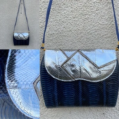BOLSO BANDOLERA VINTAGE AÑOS 80 J RENEE PLATA AZUL METALIZADO PIEL SERPIENTE CUERO Foto 1 de 4