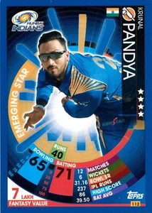 2017 2018 MUMBAI INDIANS IPL Cricket Card KRUNAL PANDYA Topps Attax - Picture 1 of 2
