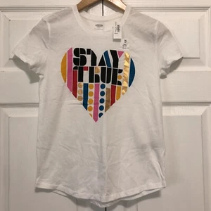 Old Navy Girls Tee Shirt Sz XL 14 White Gold Red Stay True Heart Cotton NWT Top - Picture 1 of 6