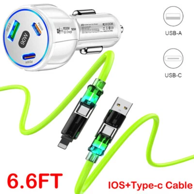 Cargador de coche súper rápido de 90 W adaptador de 3 puertos y cable para teléfono Samsung iPhone Android Foto 1 de 4