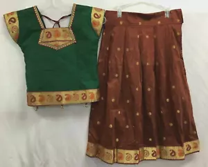 Mädchen indische Lehenga Choli grün & rost mit Goldakzent Designs, Größe S / 8 - Bild 1 von 10