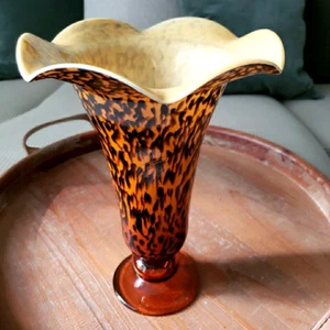 Art Glass Hand Blown Glass 10" Footed Vase Amber Black Tortoise Shell Design - Picture 1 of 15