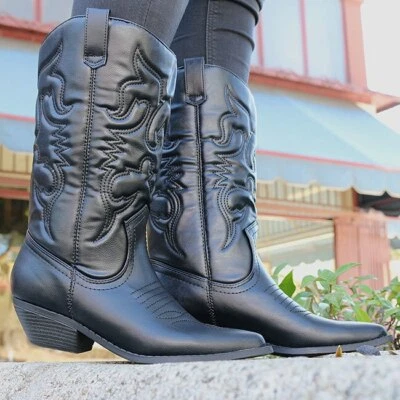 Nuevas botas vaqueras bordadas occidentales para mujer a mitad de la pantorrilla tacón bloque pull-on Foto 1 de 4