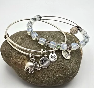Alex & Ani Square Iridescent Crystals & Elephant Charm Bangle Bracelets Lot of 2 - Picture 1 of 6