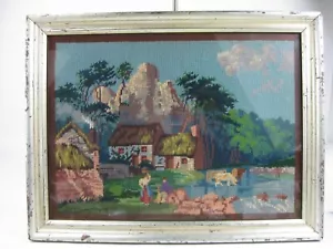 Vintage Nadelspitze gerahmte Nadelarbeit Ferienhaus Bergfiguren Tiere 15 Zoll x 20 - Bild 1 von 11