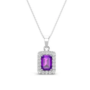Emerald Cut Amethyst Diamond Halo Pendant 3/4 ctw 14K 16"Chain Gold JP:258544 - Picture 1 of 16