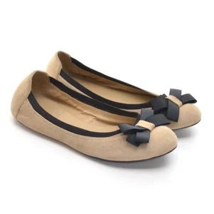 Ladies Kate Spade Frenchie Grosgrain Bow Ballet Flats 9 M Beige Suede Slip Shoes - Picture 1 of 7