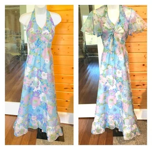 Vintage 1970s halter maxi dress w bolero semi sheer floral overlay B 33 - Picture 1 of 9